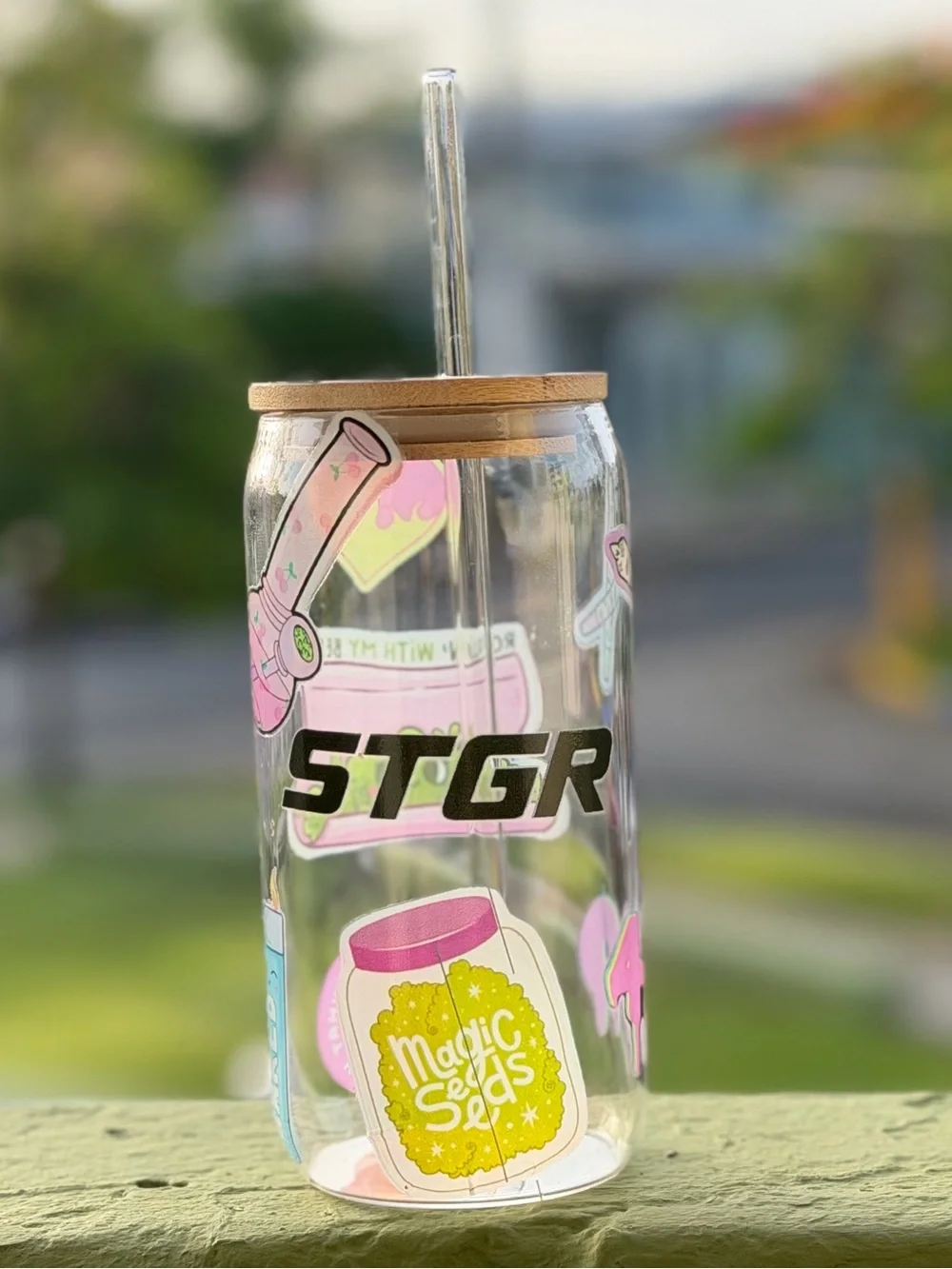 Clear Party Drink Jar with Pink Accents and Straw
